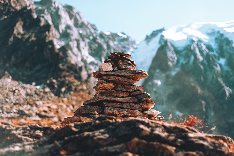 brown rock cairns, nature, mountain, outdoors, plant, mountain range HD wallpaper
