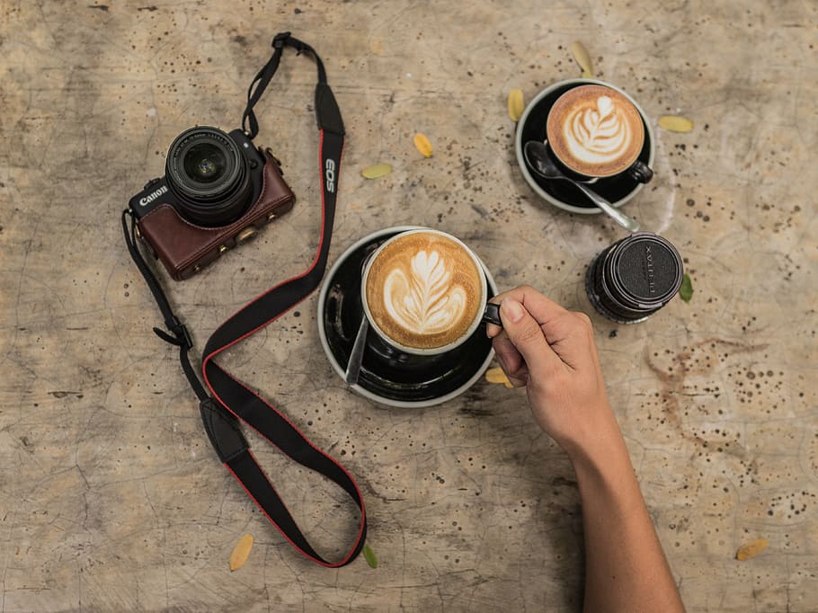 person holding black ceramic mug filled with latte on round black and white ceramic saucer near black and brown Canon DSLR camera HD wallpaper