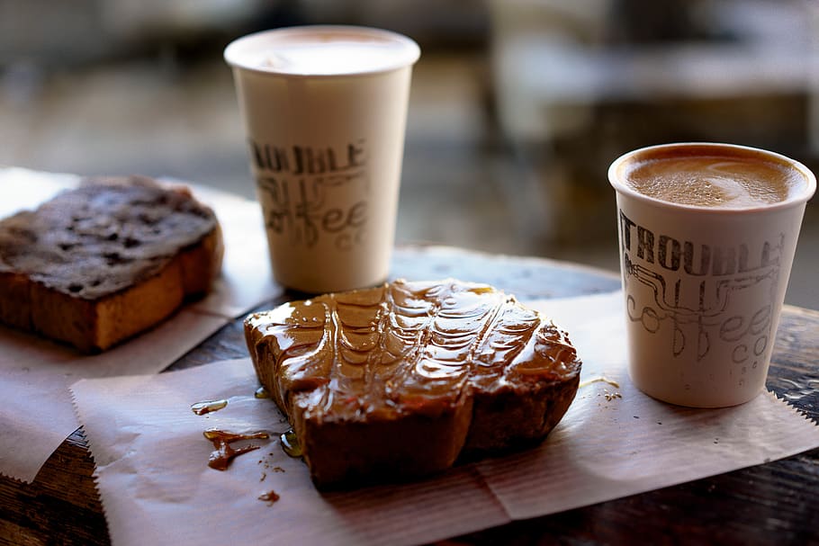 coffee, bread, peanut butter, snack, coffee time, delicious HD wallpaper