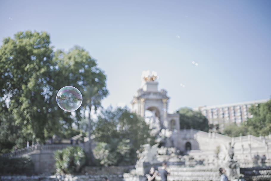 spain, barcelona, bubble, park, statue, fountain, tree, sky HD wallpaper