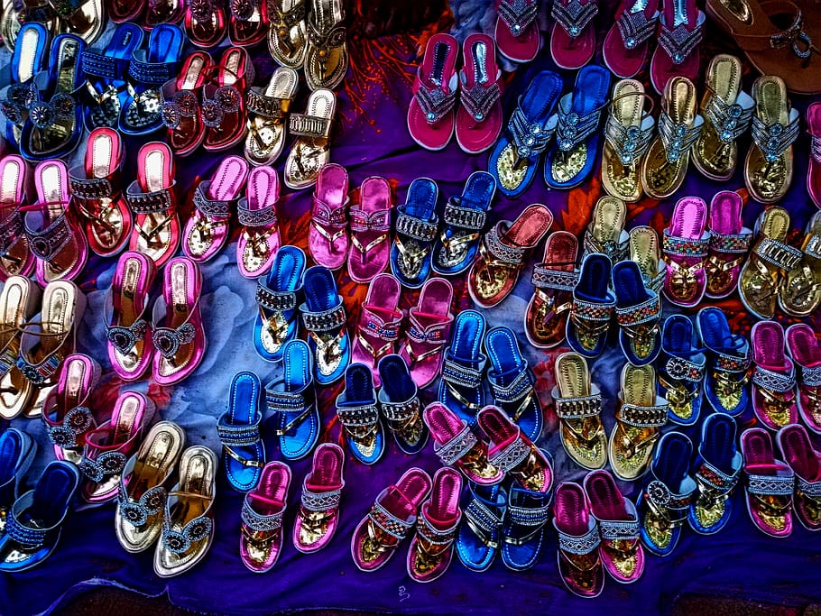 assorted-color sandal lot on blue textile, apparel, clothing, HD wallpaper