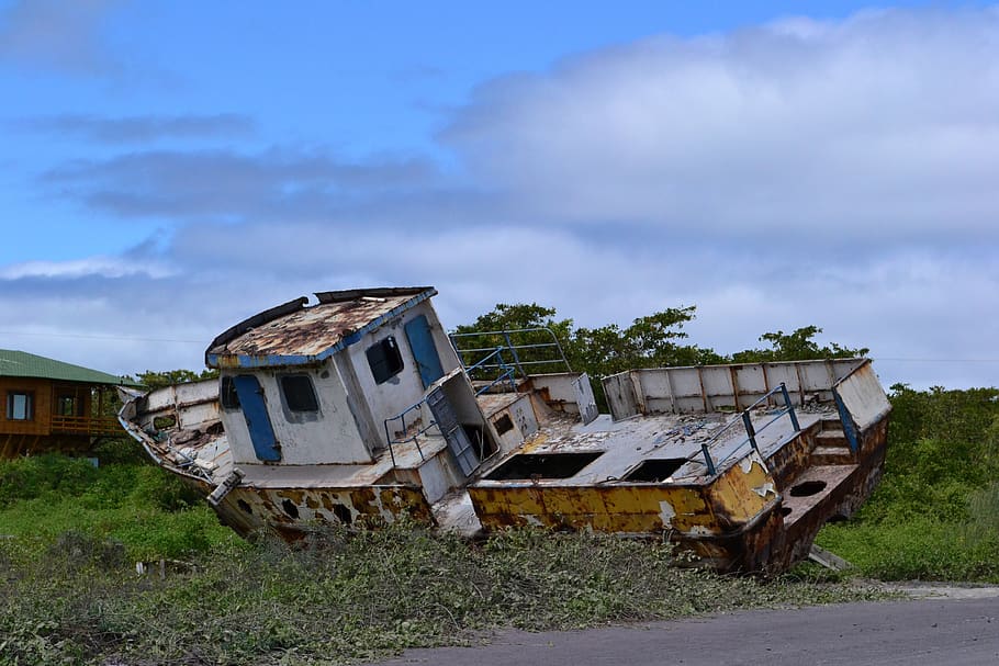 ship, boat, old, sky, architecture, abandoned, transportation HD wallpaper