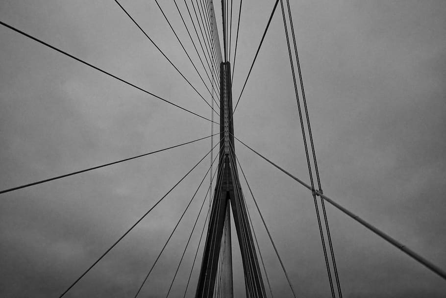 bridge, architecture, negative space, black and white, sky HD wallpaper