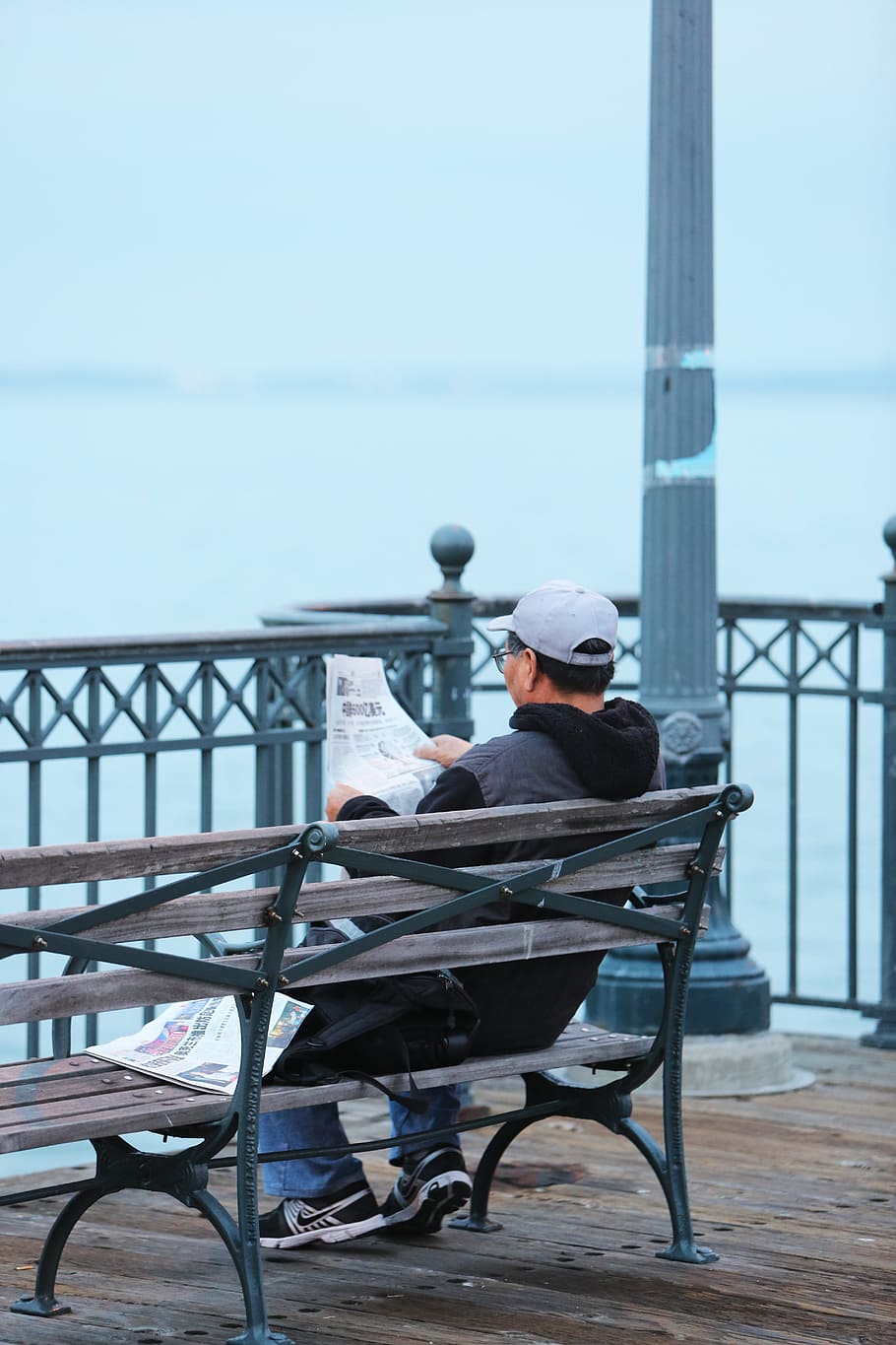 human, activity, bench, newspaper, sea, waterw, one person HD wallpaper