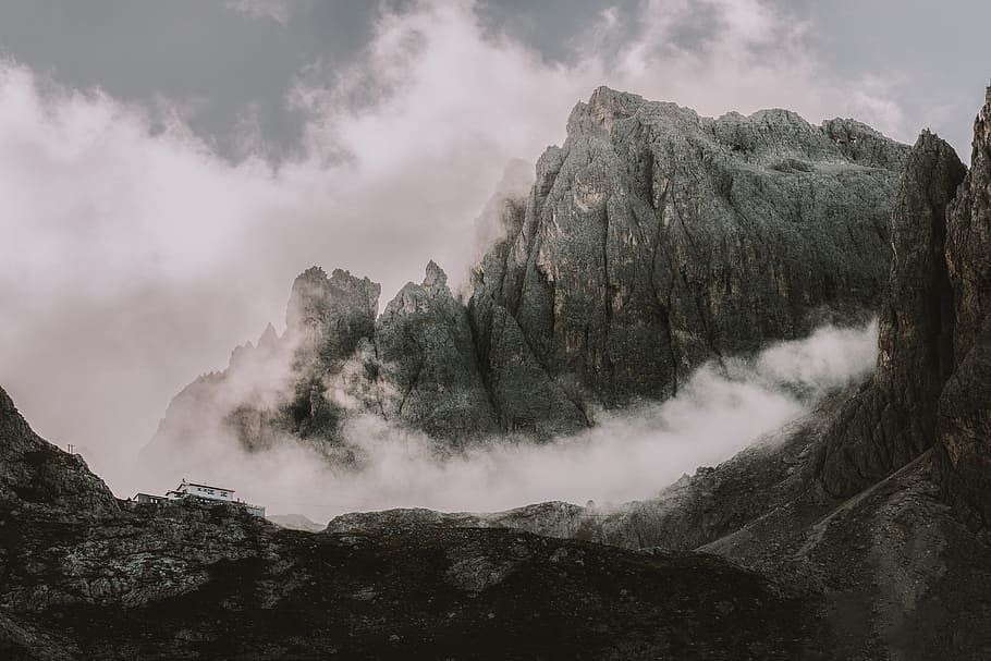 gray mountain, cloud, mist, fog, summit, peak, rock, building HD wallpaper