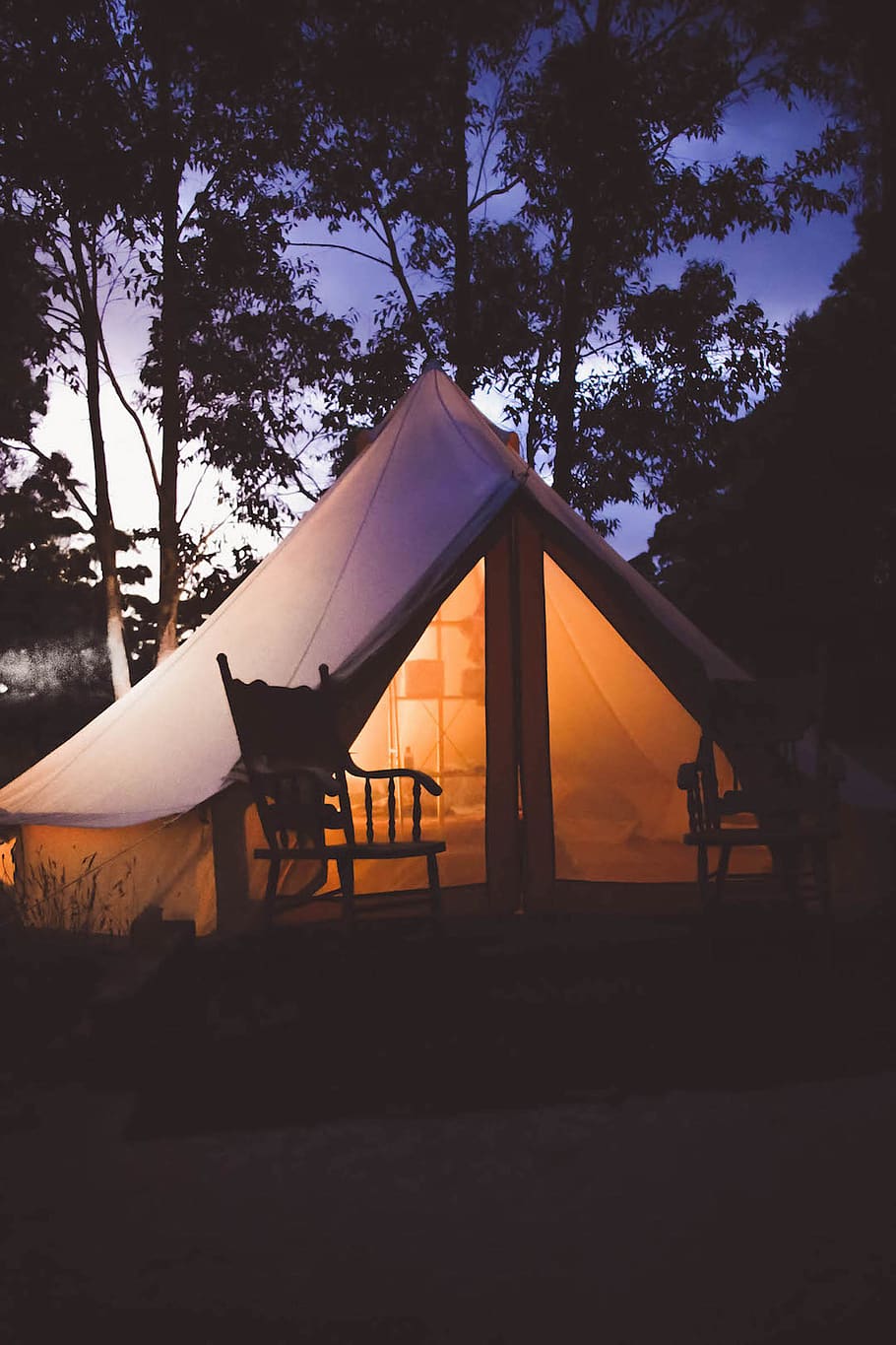 White and Brown Lighted Cabin Tent at Woods, camping, chairs HD wallpaper