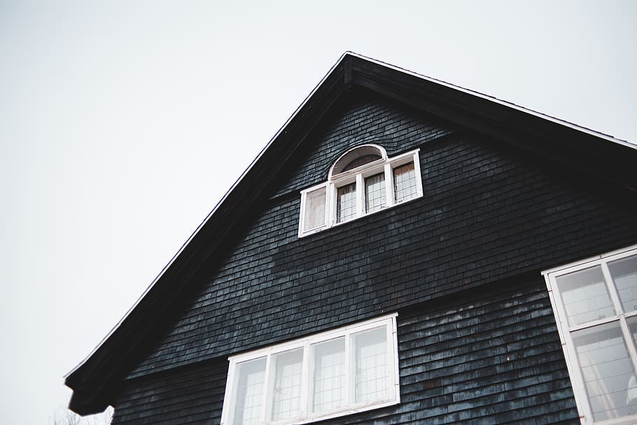black concrete house, home decor, window, triangle, curtain, shutter HD wallpaper
