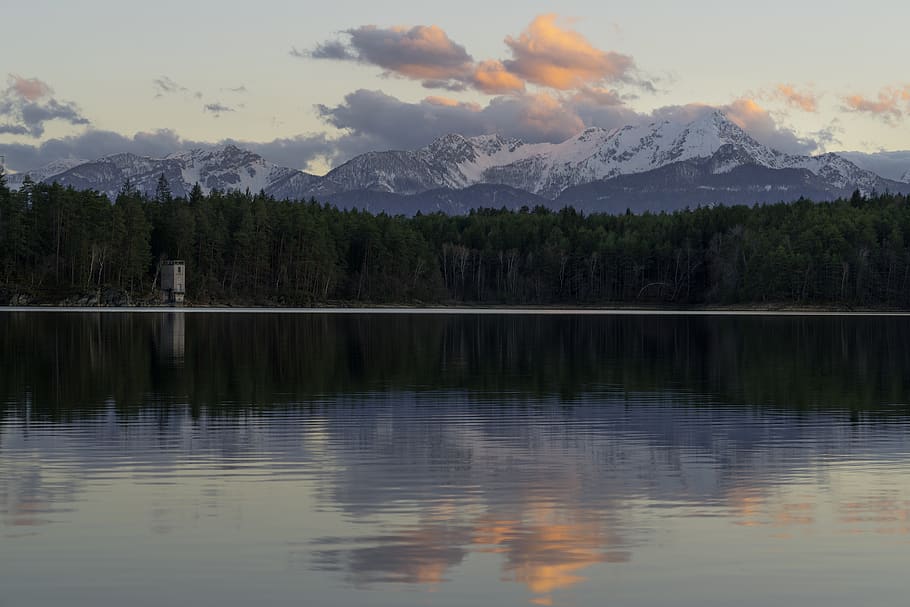 forstsee, austria, techelsberg, sunset, sundown, twilight, trees HD wallpaper