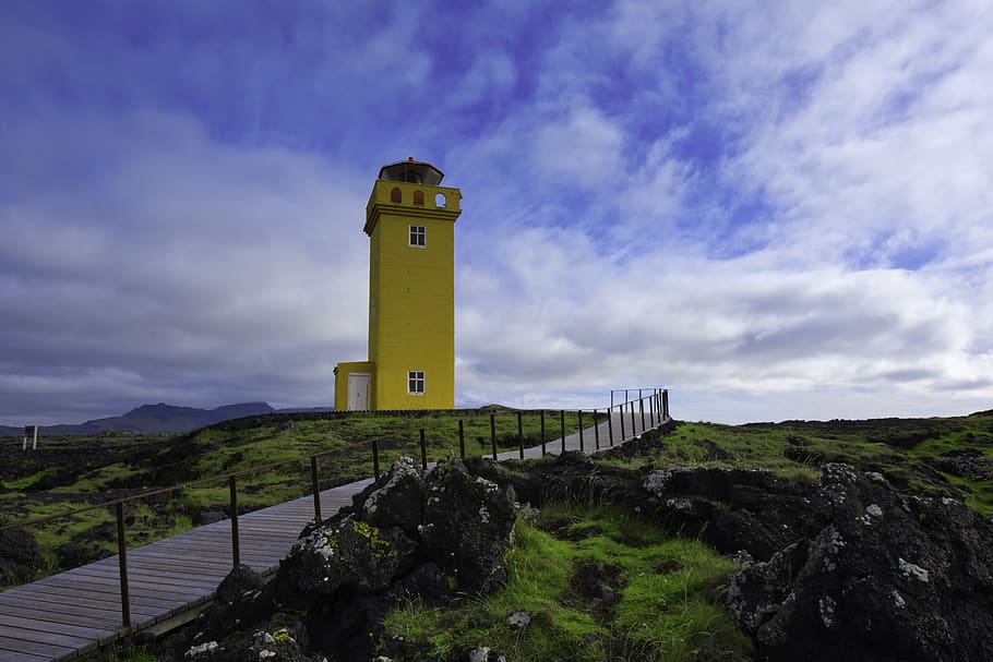 iceland, lighthouse, blue, sky, architecture, cloud - sky, built structure HD wallpaper