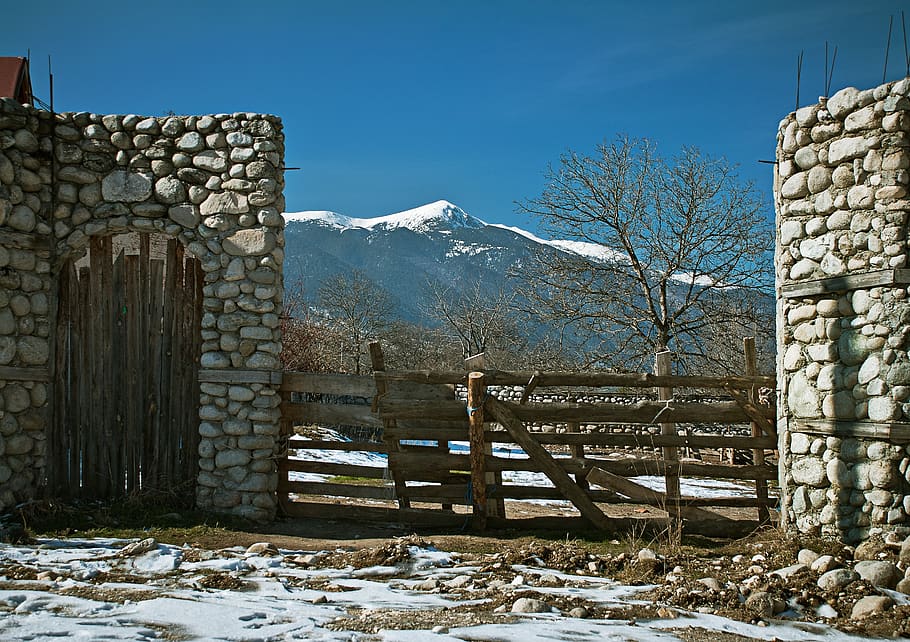 mountains, winter, snow, landscape, nature, cold, fence, gate HD wallpaper