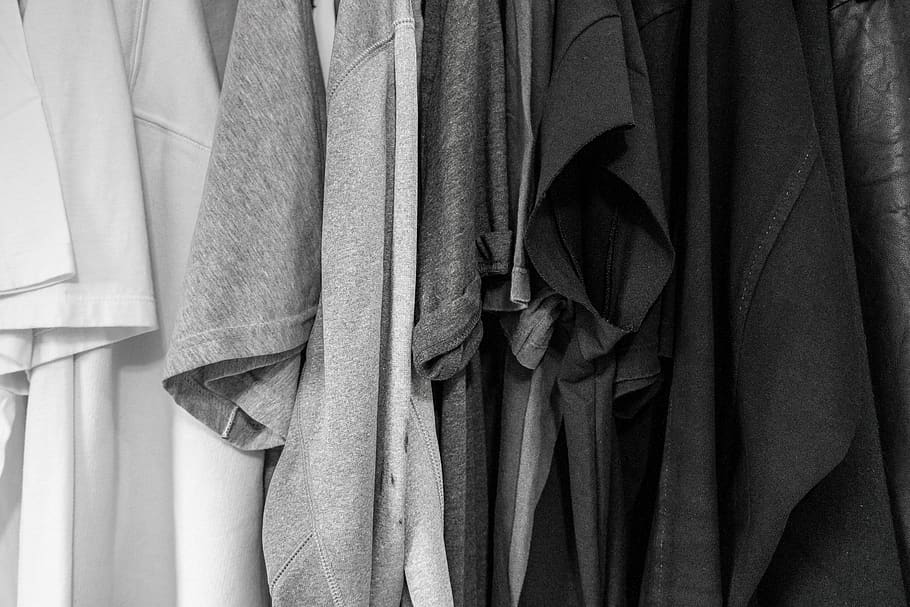 grayscale photography of assorted clothes, textile, clothing, HD wallpaper