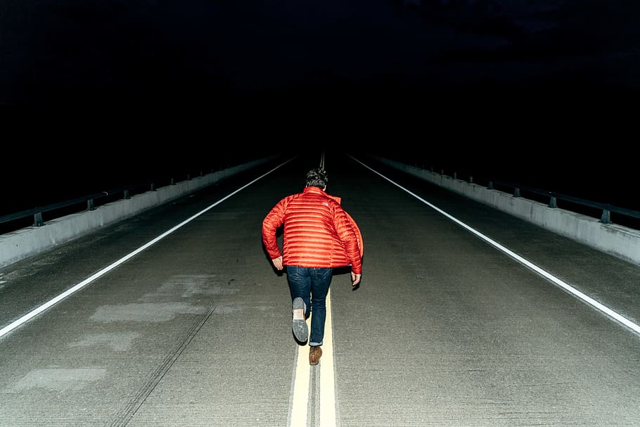 people, man, running, orange, jacket, road, street, empty, dark HD wallpaper