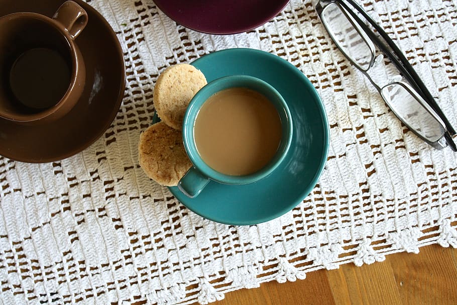 Green Ceramic Cup With Coffee Beside 2 Round Pastry, caffeine HD wallpaper