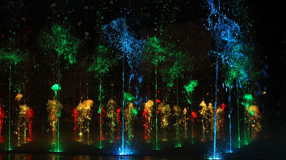 yellow, green, blue, red, lights, musical fountain, night, illuminated HD wallpaper