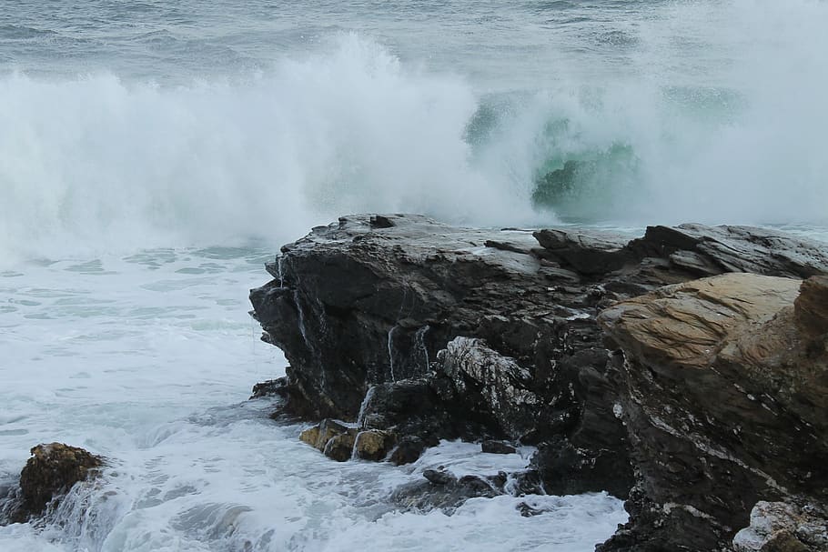 ocean, waves, rock, water, motion, beauty in nature, sea, rock - object HD wallpaper