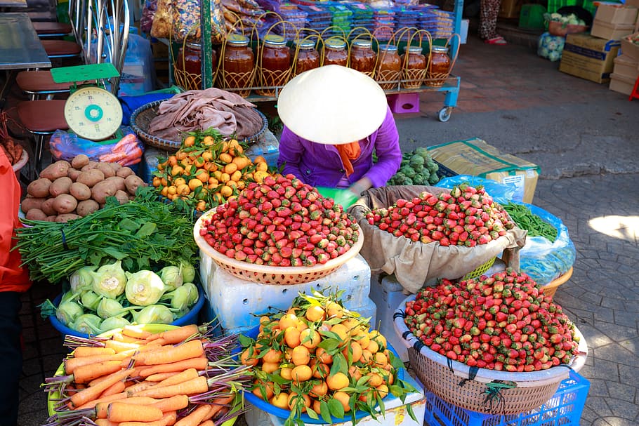 Sitting Woman Surrounded by Boxes and Basket of Vegetables, assorted HD wallpaper