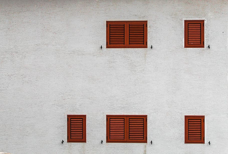 gray building with brown louvered windows, shutter, wall, structure HD wallpaper
