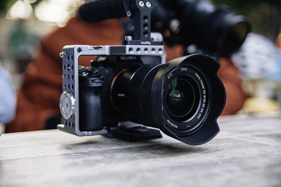 black and gray camera on brown wooden table, electronics, united kingdom, HD wallpaper