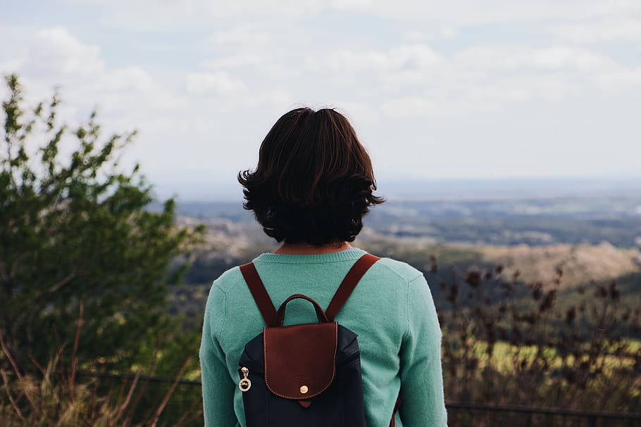 human, person, backpack, bag, apparel, clothing, sweater, tree HD wallpaper