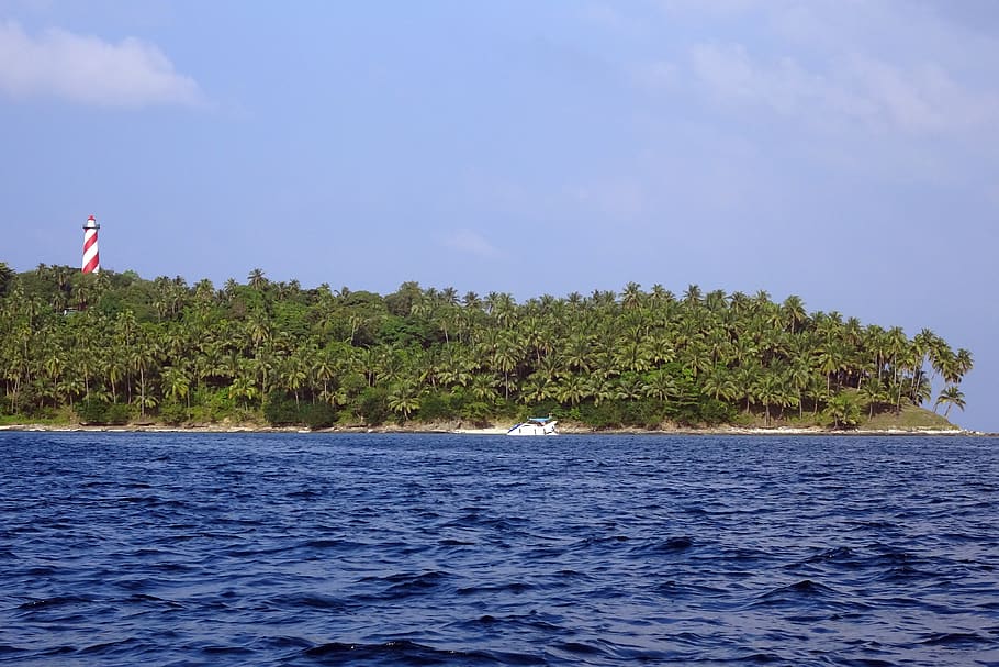 island, north bay, lighthouse, coconut groves, sea, blue, nature, HD wallpaper