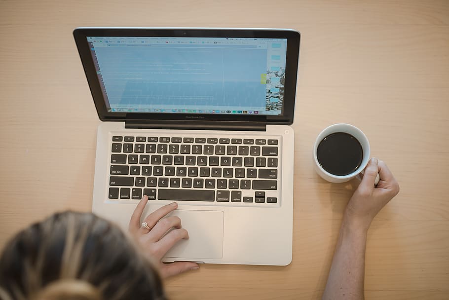 laptop, computer, work, coffee, desk, woman, technology, table HD wallpaper