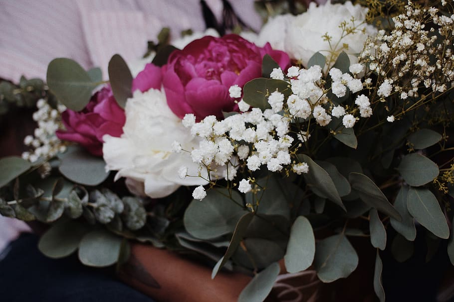 white, pink, green, beautiful, floral, bouquet, eucalyptus HD wallpaper