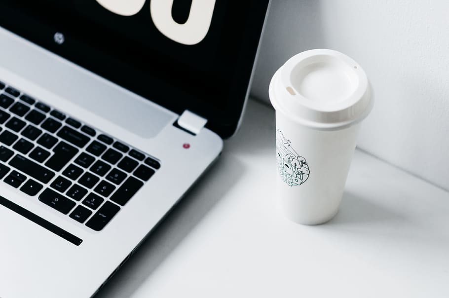 computer, coffee, laptop, to go cup, silver, white, office HD wallpaper