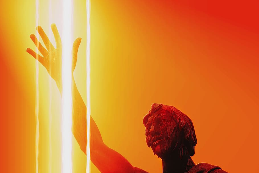composing, man, fantasy, face, rays, hell, light beam, light strips HD wallpaper