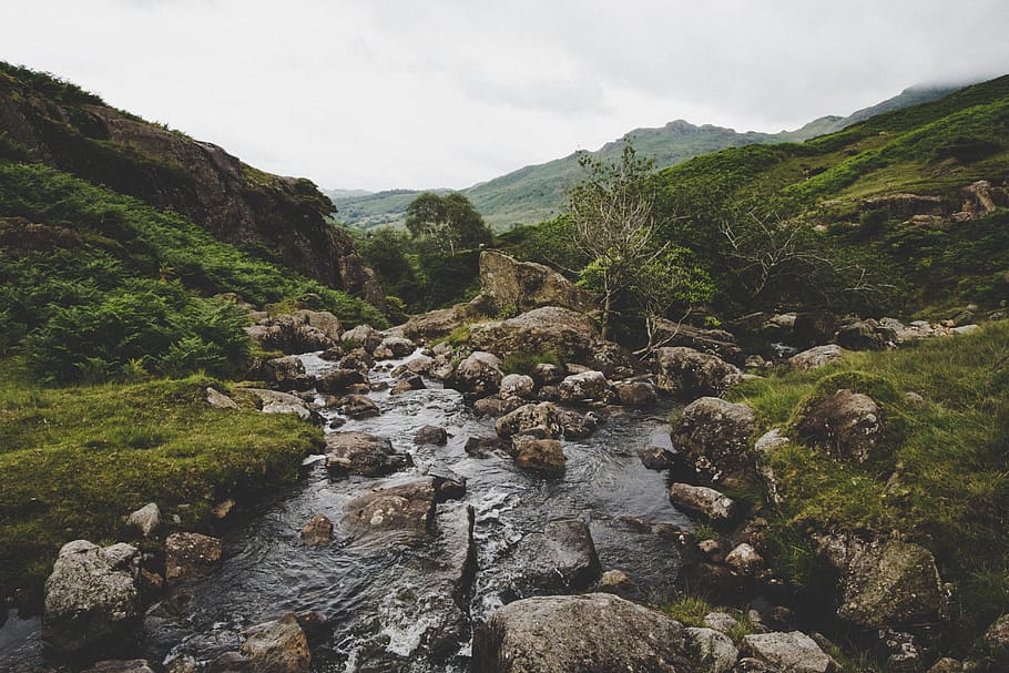 green, grass, rocks, river, water, nature, mountain, landscape HD wallpaper