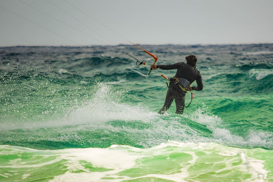kiteboarding, surf, surfer, spray, wave, water, wind, splash HD wallpaper