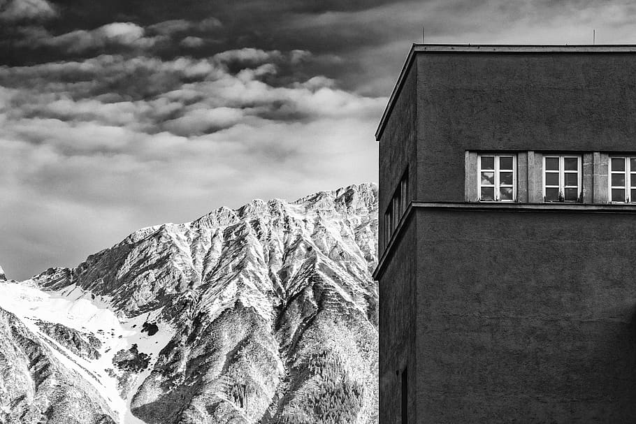 grayscale oh house, nature, outdoors, weather, innsbruck, mountain HD wallpaper