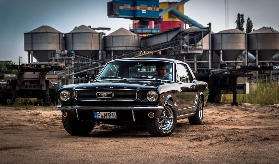black Ford Mustang near factory, american, muscle car, scene, HD wallpaper