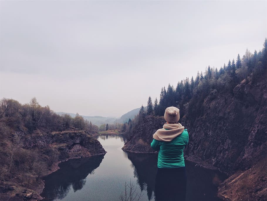 landscape, river, water, mountains, trees, girl, woman, people HD wallpaper