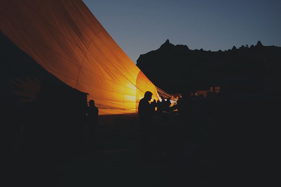 silhouette, light, sunset, night, sunlight, balloon, hot air balloon HD wallpaper