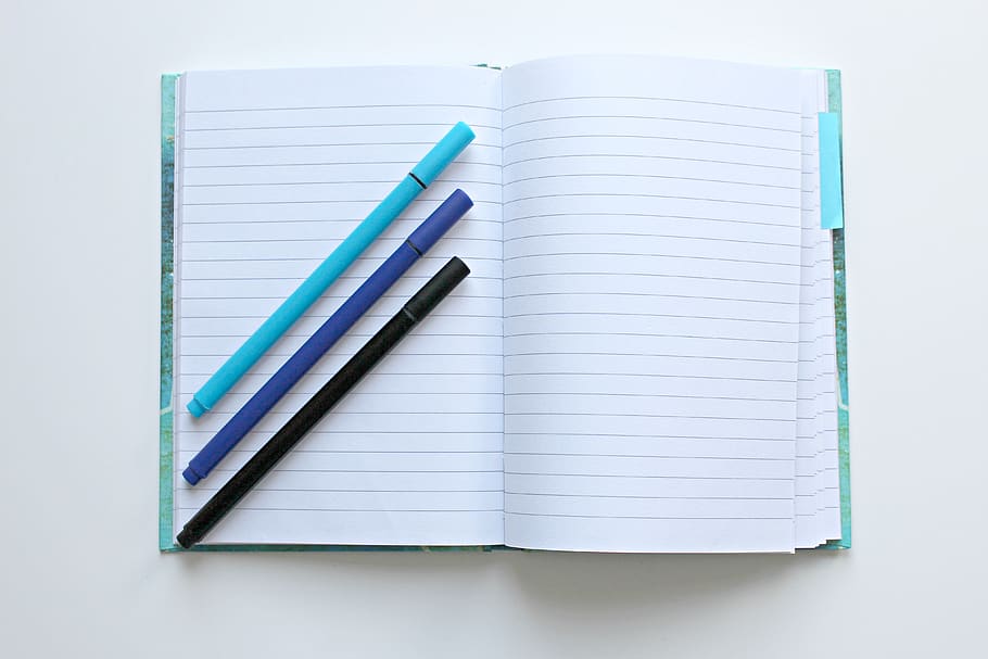 Opened Notebook With Three Assorted-color Pens, analog, binder, HD wallpaper