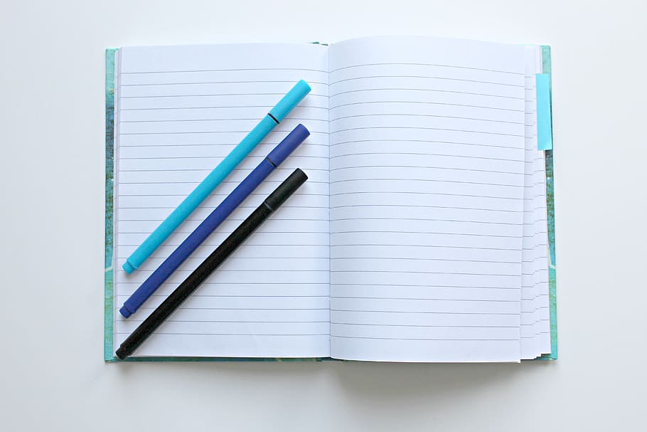 Opened Notebook With Three Assorted-color Pens, analog, binder HD wallpaper