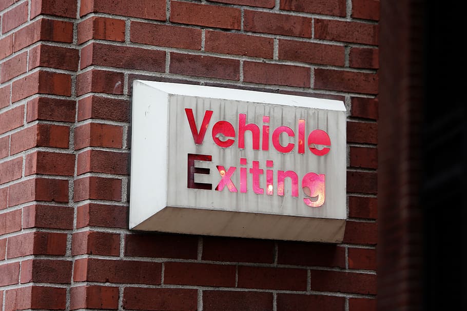 sign, red, bricks, exit, western script, text, brick wall, communication HD wallpaper