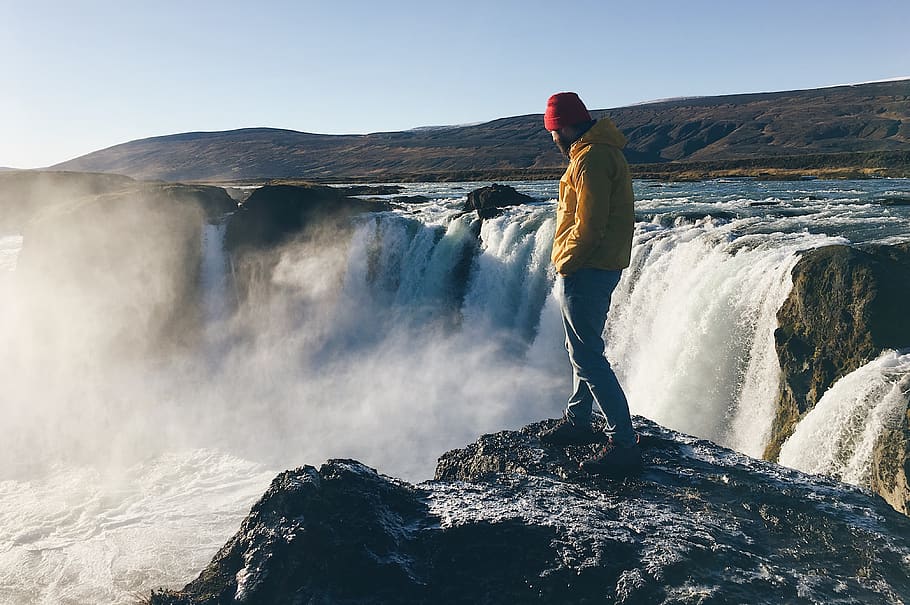 iceland, waterfall, mountains, beauty in nature, one person HD wallpaper