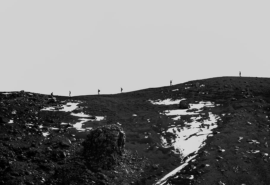 desolate, alpine, hikers, range, rocks, snow, ridge, mountain HD wallpaper