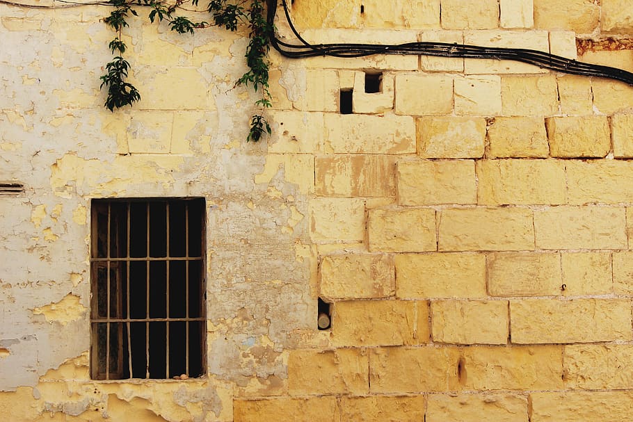 malta, old, old building, bars, bricks, plant, entrance, built structure HD wallpaper