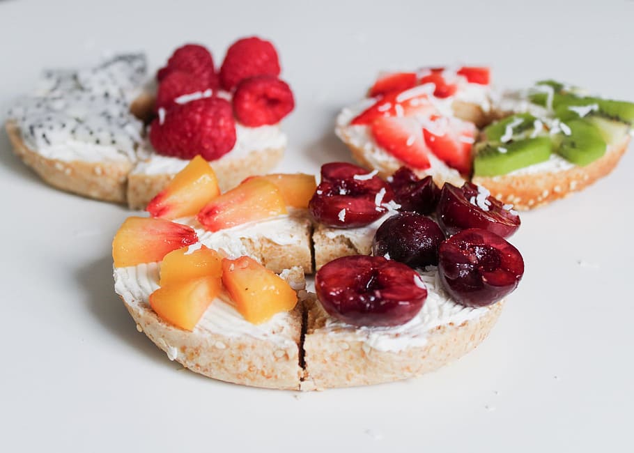 Three Biscuits With Fruit Toppings, berries, breads, breakfast HD wallpaper