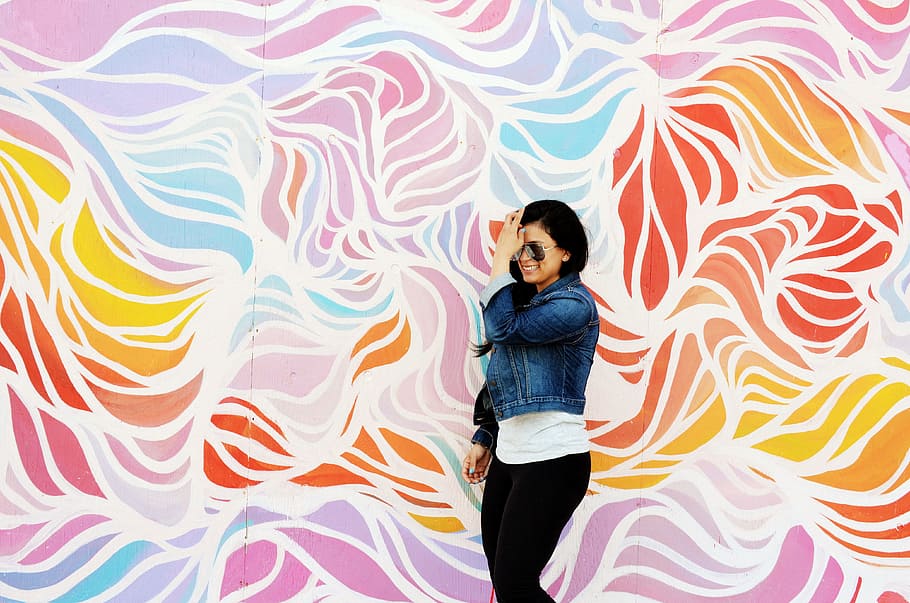 Woman in Blue Denim Button-down Jacket and Black Pants, abstract HD wallpaper