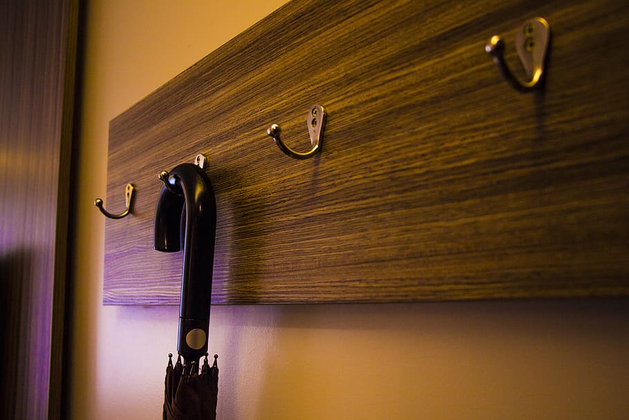 Black Umbrella Hang on the Floating Hook Rack, bedroom, design HD wallpaper
