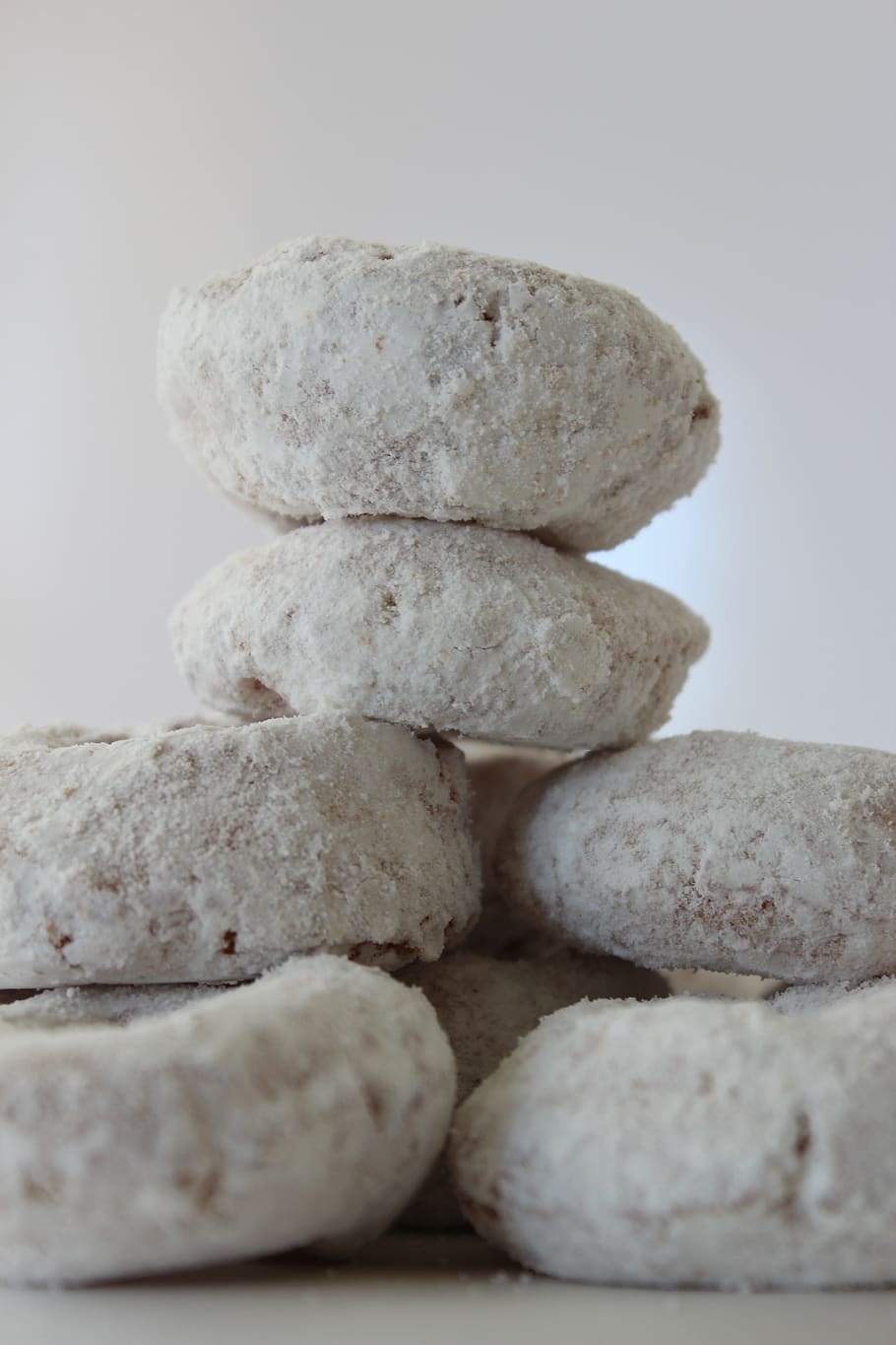 donuts, powdered sugar, white, indoors, stack, still life, freshness HD wallpaper