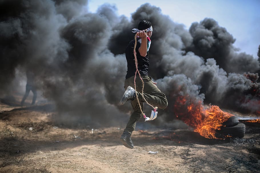 gaza, strip, palestine, smoke - physical structure, one person