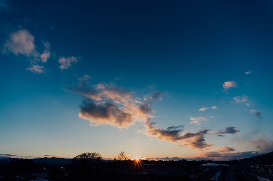 blue sky, nature, outdoors, sunlight, red sky, sunset, dusk, dawn HD wallpaper