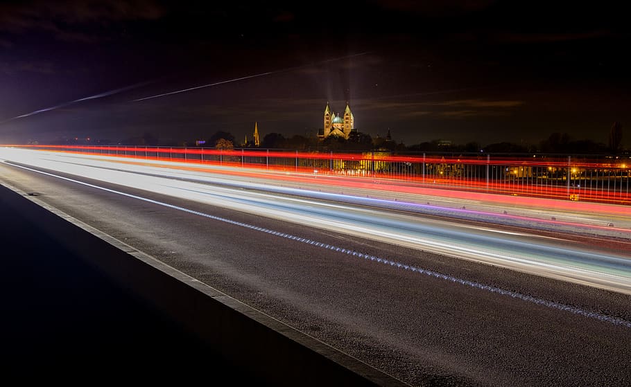 bridge, road, away, connection, night, lights, dom, speyer HD wallpaper