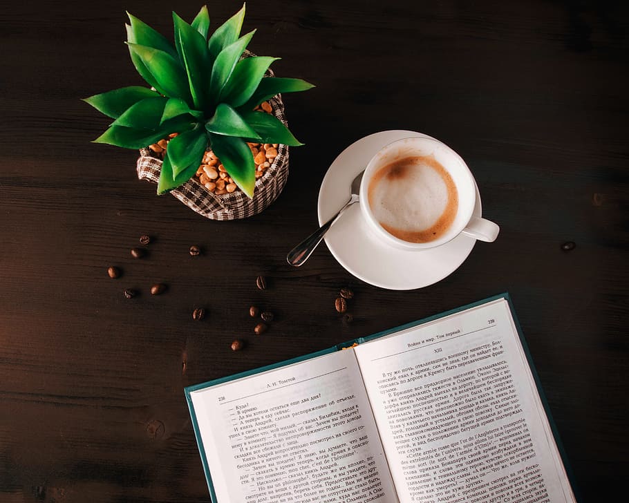 White Ceramic Mug on Saucer Near Book, beans, beverage, break HD wallpaper