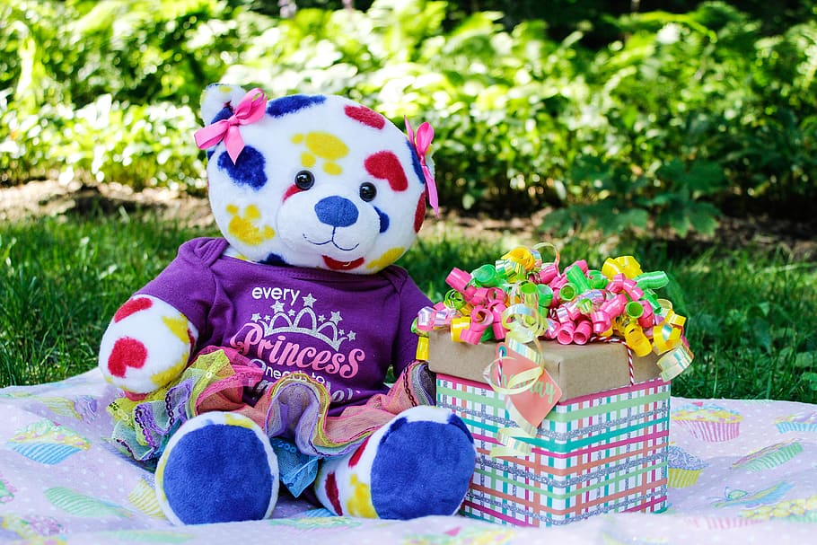 White, Yellow, Red, and Blue Teddy Bear Beside Gift Box, blanket HD wallpaper