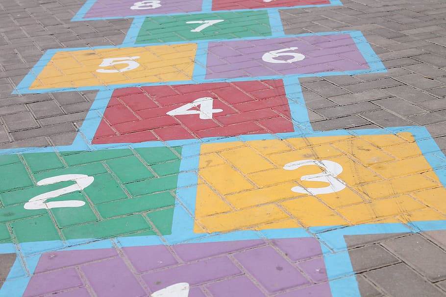 hopscotch, steps, numbers, two, three, four, five, six, seven